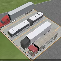 Commercial Parking Lot with Trucks Buses and Trailers in Organized Paved Layout