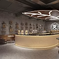 Coffee Shop Interior Design With Leather Chairs Round Tables Bar Counter And Wooden Display Shelves