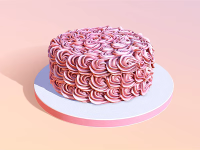 Delicate Pink Cake With Rose Swirl Frosting On White Circular Tray 3d model