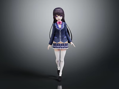 Anime Character With Purple Long Hair Blue Blazer Plaid Skirt White Stockings And Black Shoes 3d model