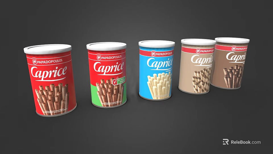 Caprice Wafer Sticks In Colorful Tins With Various Flavors Displayed 3d model 