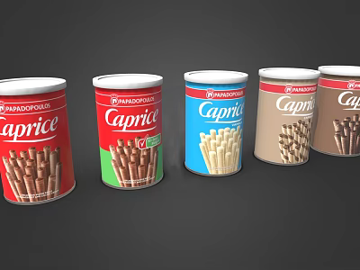 Caprice Wafer Sticks In Colorful Tins With Various Flavors Displayed 3d model