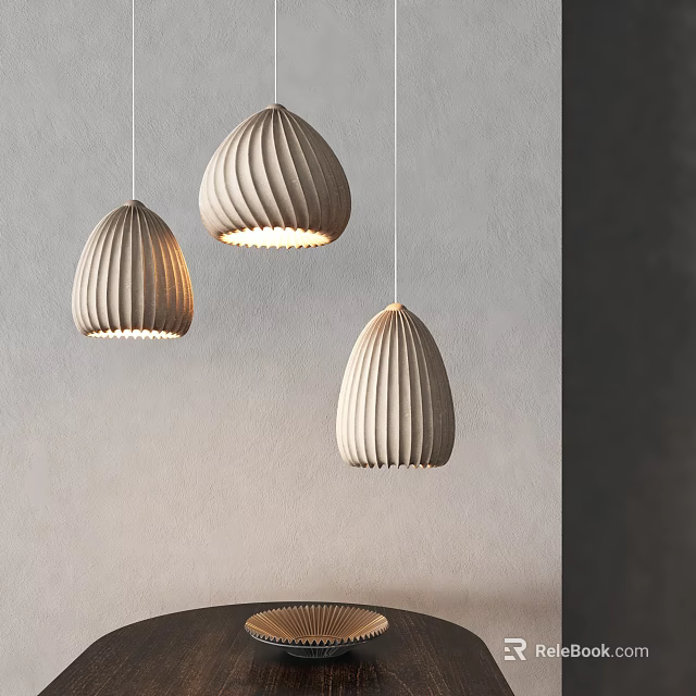 Pendant Lights with Ribbed Wooden Design in Modern Interior Featuring Warm Illumination Against Neutral Wall 3d model 