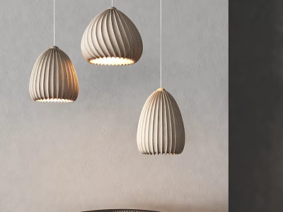 Pendant Lights with Ribbed Wooden Design in Modern Interior Featuring Warm Illumination Against Neutral Wall 3d model