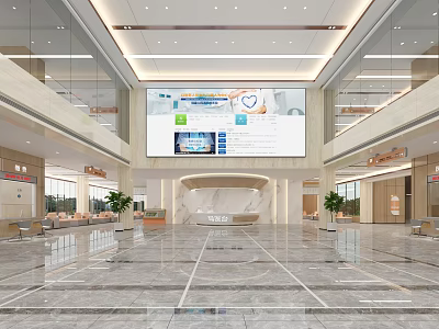 Modern Lobby Interior With Large Screen Reception Desk Marble Floor And Glass Walls 3d model