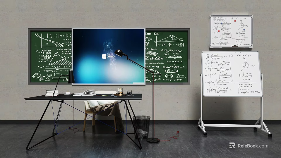 Modern Study Room Featuring Large Screen Blackboard Math Formulas Whiteboard Desk Lamp And Books 3d model 