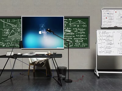 Modern Study Room Featuring Large Screen Blackboard Math Formulas Whiteboard Desk Lamp And Books 3d model