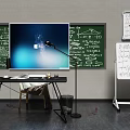 Modern Study Room Featuring Large Screen Blackboard Math Formulas Whiteboard Desk Lamp And Books