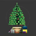 Pixelated Green Christmas Tree In Pot With Colorful Gift Boxes Around