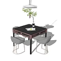 Modern Entertainment Table With Dark Surface Drawers Gray Chairs And Tabletop Vase Book