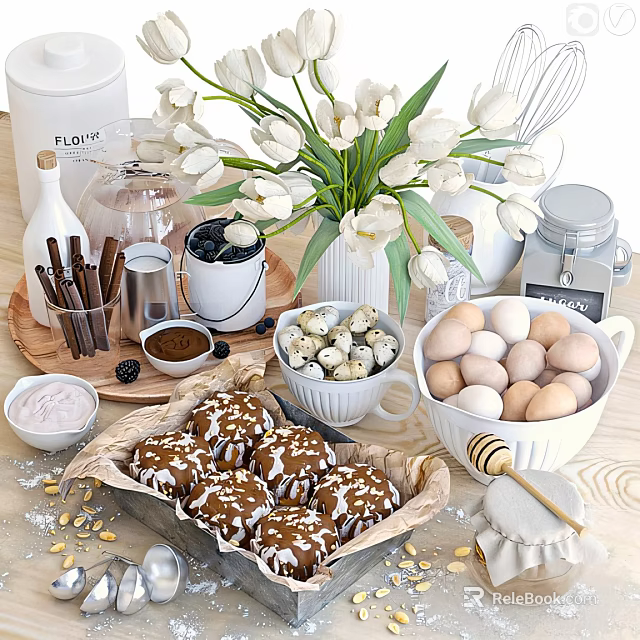 Baking Ingredients Setup With Fresh Eggs Berries Muffins And Tulips Bouquet 3d model 