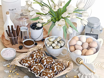Baking Ingredients Setup With Fresh Eggs Berries Muffins And Tulips Bouquet 3d model