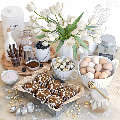 Baking Ingredients Setup With Fresh Eggs Berries Muffins And Tulips Bouquet 3d model Baking Ingredients Setup With Fresh Eggs Berries Muffins And Tulips Bouquet 3d model