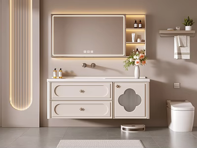 Modern Bathroom Vanity Cabinet With Backlit Mirror Storage Drawers And Decorative Plants 3d model