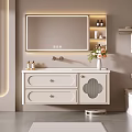 Modern Bathroom Vanity Cabinet With Backlit Mirror Storage Drawers And Decorative Plants