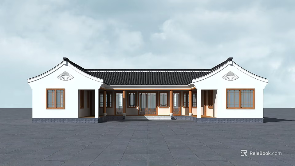 Ancient Chinese Architecture With White Walls Black Roof And Wooden Windows 3d model 