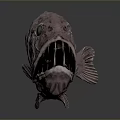 Metallic Purple Fish With Large Eyes Open Mouth And Dark Background Reflection