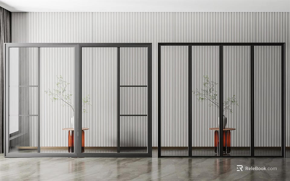 Modern Black Frame Floor To Ceiling Windows Vertical Stripe Design With Plants Outside Small Table 3d model 