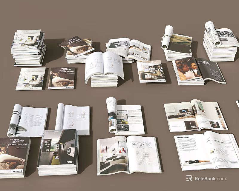 Multiple Open and Stacked Books Magazines with Interior Design Photos and Layouts 3d model 