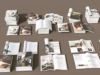 Multiple Open and Stacked Books Magazines with Interior Design Photos and Layouts 3d model
