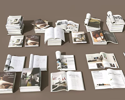 Multiple Open and Stacked Books Magazines with Interior Design Photos and Layouts 3d model