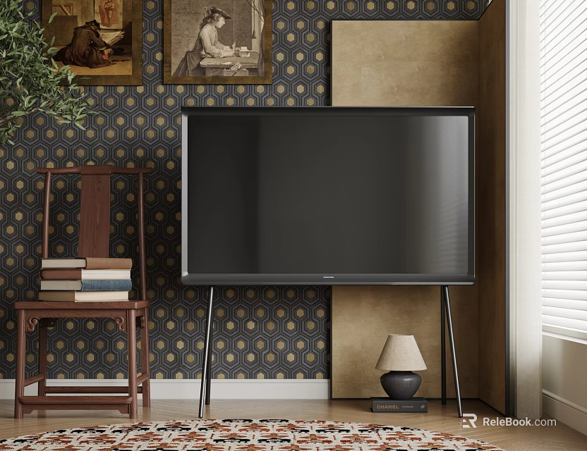 Large TV In Vintage Styled Living Room With Chair And Lamp 3d model 