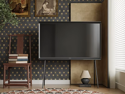 Large TV In Vintage Styled Living Room With Chair And Lamp 3d model