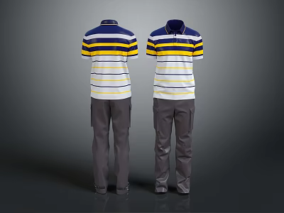 Back View Of Casual Polo Shirts With Blue Yellow White Stripes And Gray Pants 3d model