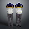 Back View Of Casual Polo Shirts With Blue Yellow White Stripes And Gray Pants
