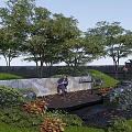 Serene Garden Landscape With Wooden Walkway Green Lawn Trees And Stones