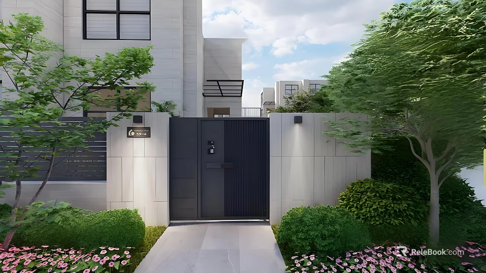 Modern Black Entrance Gate With Gray Wall Green Plants And Pink Flowers 3d model 