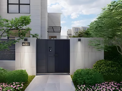 Modern Black Entrance Gate With Gray Wall Green Plants And Pink Flowers 3d model