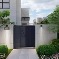 Modern Black Entrance Gate With Gray Wall Green Plants And Pink Flowers