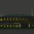 Modern Curved Roof Building Exterior With Glass Windows And Nighttime Lighting