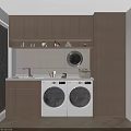 Modern Wooden Bathroom Cabinetry With Sink Double Washing Machines And Storage Shelf