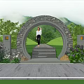 Building Exterior Wall with Circular Stone Archway Night Lighting Steps and Green Plants