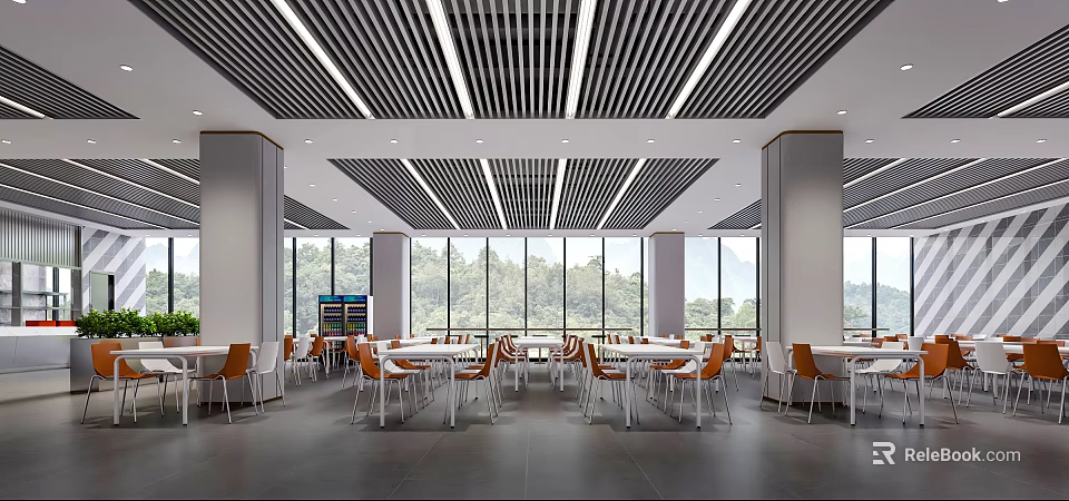 Modern Restaurant Interior With Open Layout Large Windows And Orange Chairs White Tables 3d model