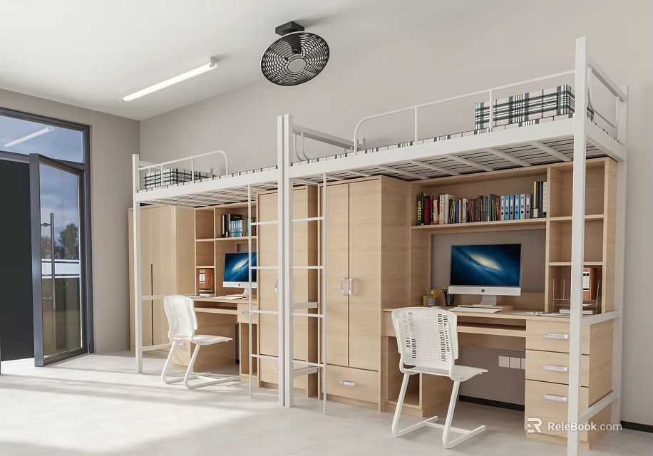 School Student Dormitory Interior With Bunk Beds Study Desks Bookshelves Computers And Chairs 3d model