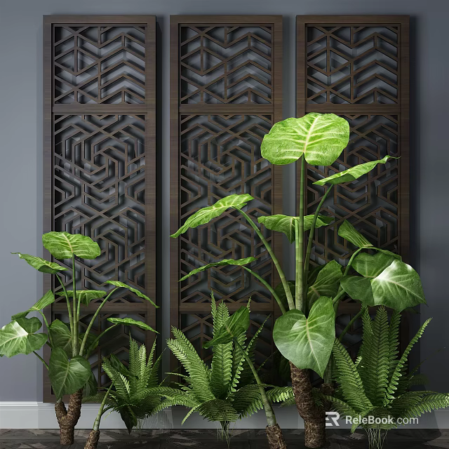 Indoor Tropical Plants with Large Foliage and Ferns in Modern Space Against Wooden Geometric Screen 3d model 