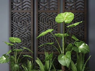 Indoor Tropical Plants with Large Foliage and Ferns in Modern Space Against Wooden Geometric Screen 3d model