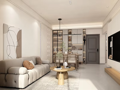 Modern Living and Dining Room Interior With Beige Sofa Wooden Coffee Table And Decorative Painting 3d model