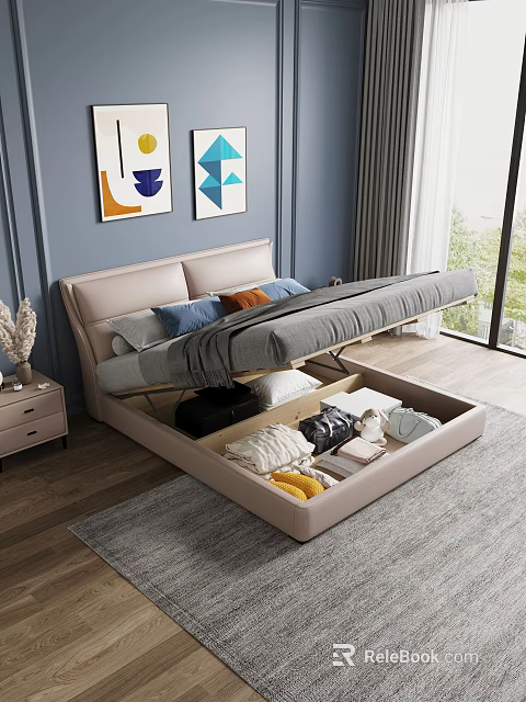 Beige Double Bed with Underbed Storage Drawers Blue Wall Decorative Paintings and Nightstand 3d model 