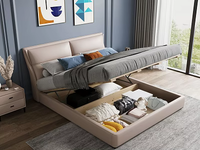 Beige Double Bed with Underbed Storage Drawers Blue Wall Decorative Paintings and Nightstand 3d model