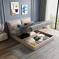 Beige Double Bed with Underbed Storage Drawers Blue Wall Decorative Paintings and Nightstand