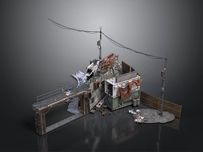 Post Apocalyptic Urban Scene With Damaged House Power Lines And Bridge Debris 3d model