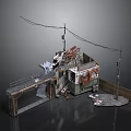 Post Apocalyptic Urban Scene With Damaged House Power Lines And Bridge Debris