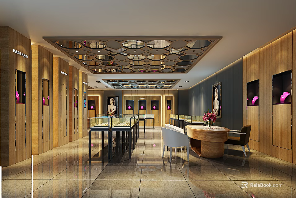 Elegant Jewelry Store Interior With Bright Lighting Wooden Walls Decorative Ceiling And Glass Display Cases 3d model 