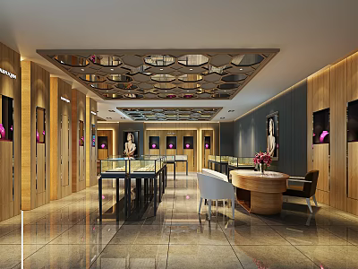 Elegant Jewelry Store Interior With Bright Lighting Wooden Walls Decorative Ceiling And Glass Display Cases 3d model