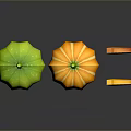Fresh Green And Orange Pumpkins With Slices On Gray Background Reflection
