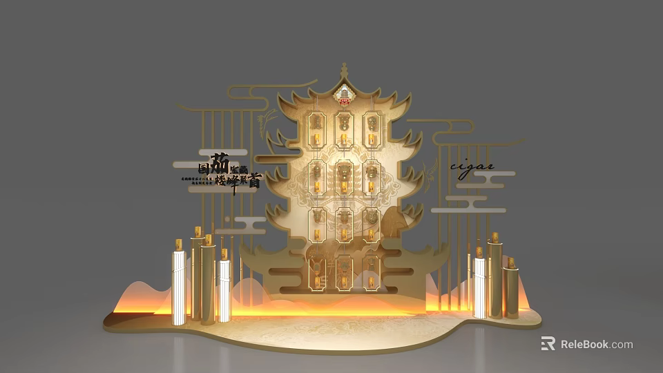 Chinese Style Photo Check in Spot With Golden Pagoda Structure And Lighting Effects 3d model 